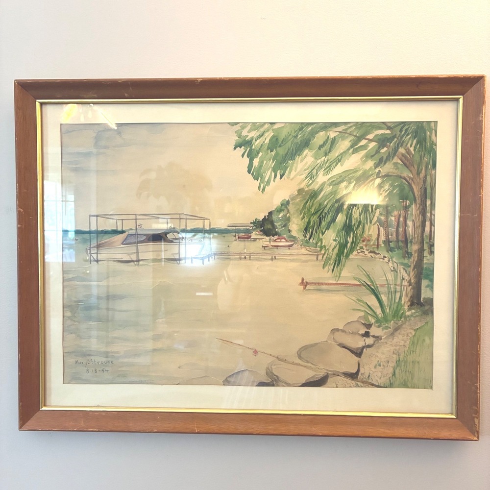 Original Watercolor Painting Lake Boats Mid Century 1954 Framed‎ Mary O Strouse